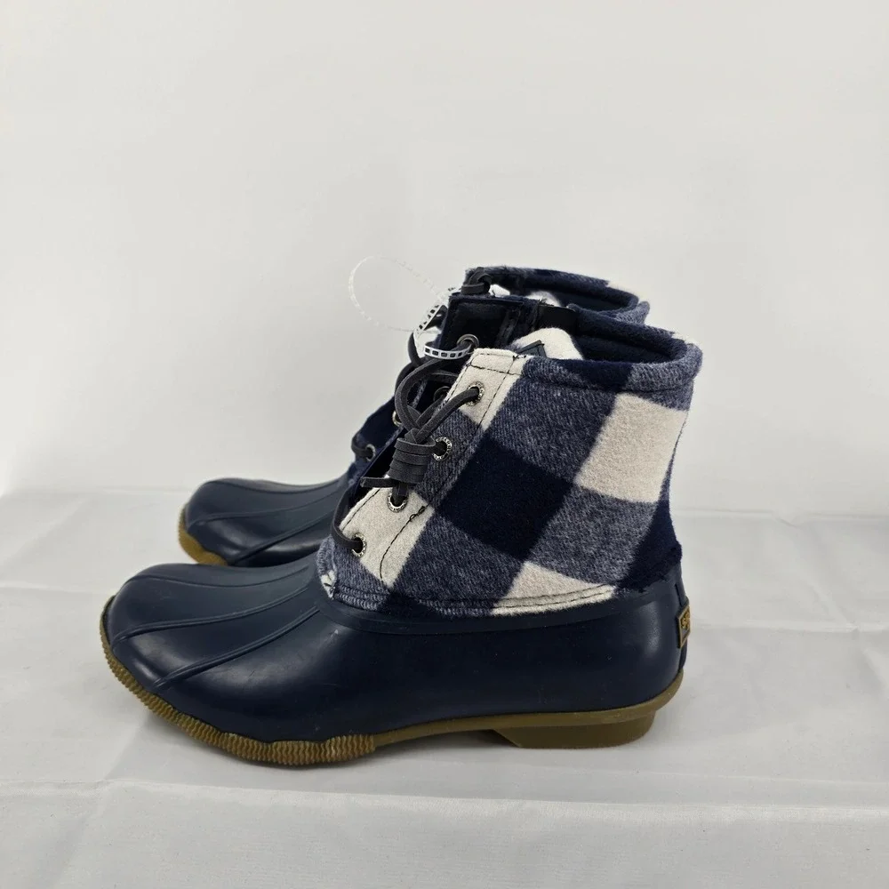 Sperry Women's Duck Boots Plaid‎ Upper Navy Rubber Waterproof Ankle Size 6.5